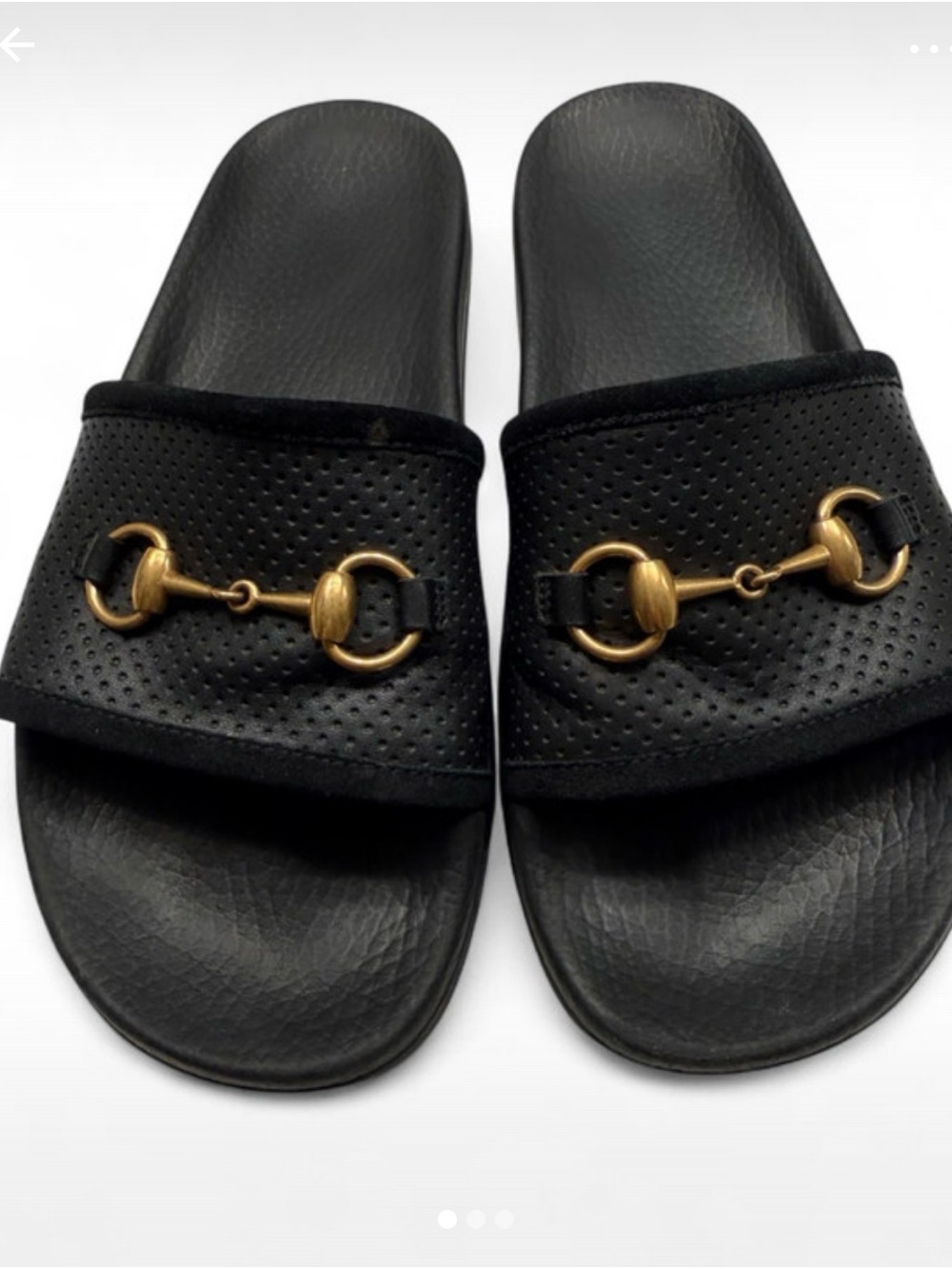 Gucci Black Leather Slide Sandals with Gold Horsebit